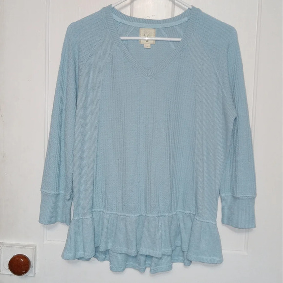 Colortree Blue Longsleeve Vneck Waffle Knit Ruffle Bottom Top size L - Picture 1 of 7
